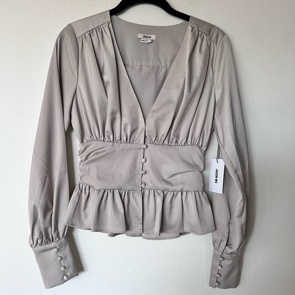 NWT Jason Wu Silver Grey Satin Button Down Babydoll Long Sleeve Blouse - Picture 1 of 4